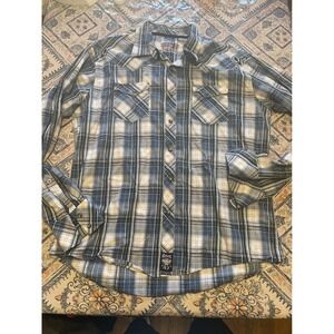 Rock 47 by Wrangler Mens XL Blue Plaid Embroidered Western Snap Front Shirt